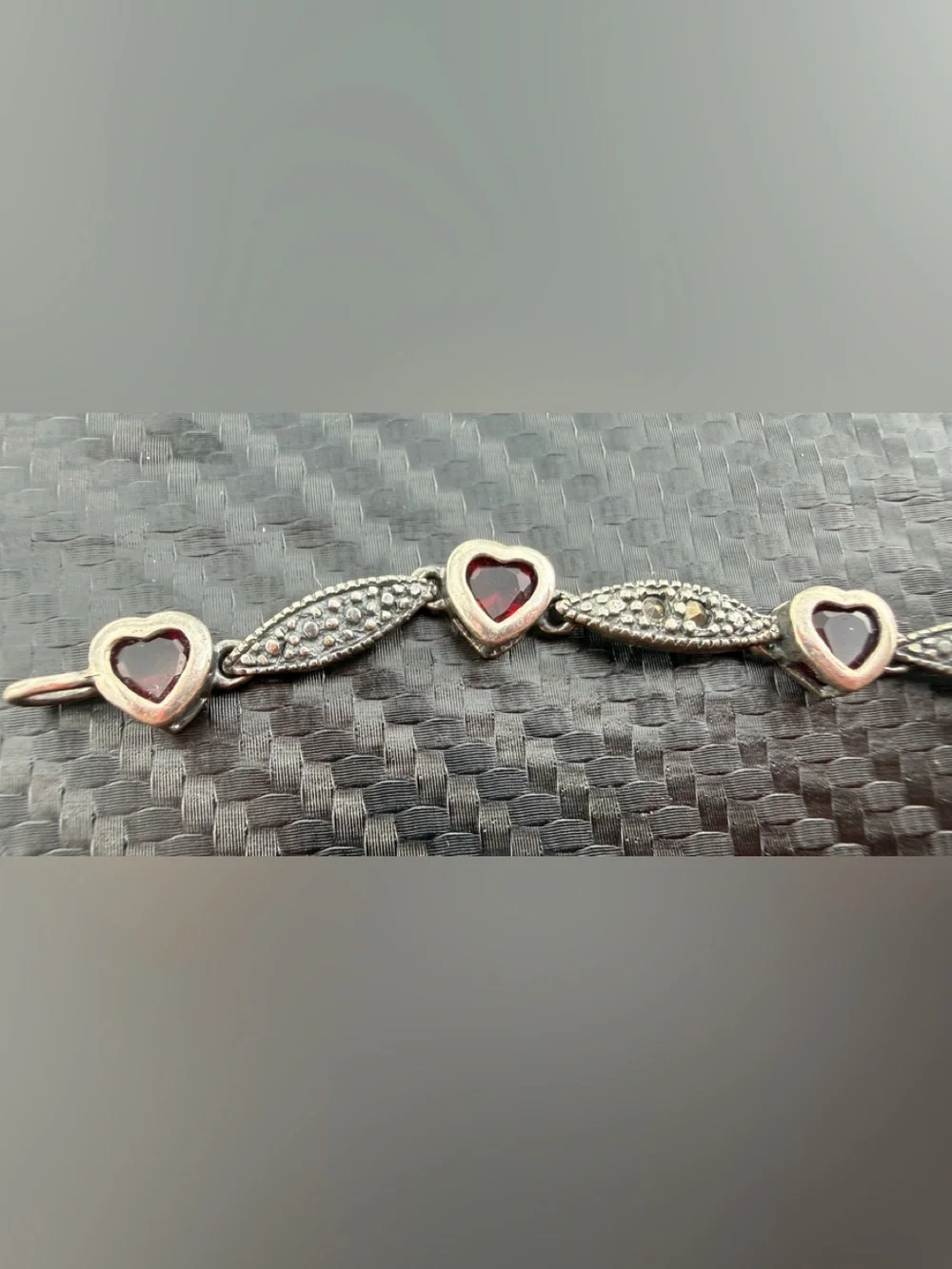 Vintage 925 Marcasite Garnet Heart Bracelet